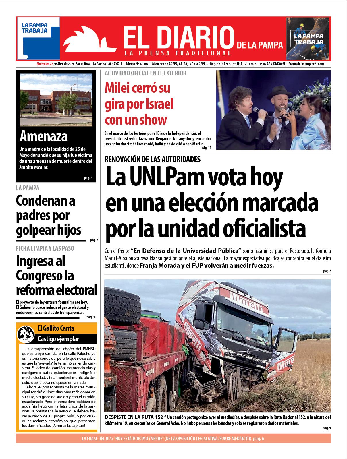 Tapa de El Diario en papel  mieacutercoles 22 de abril de 2026